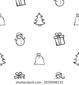 Simple vector black and white hand drawn New Year pattern with snowman, gift, Santa's bag and Christmas tree. Endless holiday background for wrapping paper, decoration, print, banner