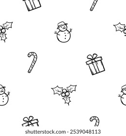 Simple vector black and white hand drawn New Year pattern with Christmas mistletoe, snowman, gift and candy cane. Endless holiday background for wrapping paper, decoration, print, banner