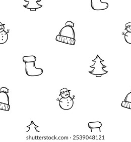 Simple vector black and white hand drawn New Year pattern with Christmas tree, hat, snowman and Christmas boot. Endless holiday background for wrapping paper, decoration, print, banner