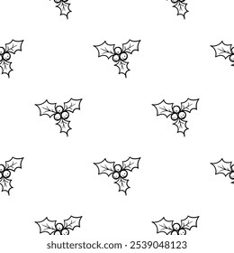 Simple vector black and white hand drawn New Year pattern with Christmas mistletoe. Endless holiday background for wrapping paper, decoration, print, banner