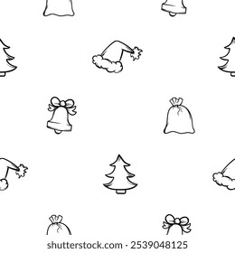 Simple vector black and white hand drawn New Year pattern with bell, hat, Santa's bag and Christmas tree. Endless holiday background for wrapping paper, decoration, print, banner