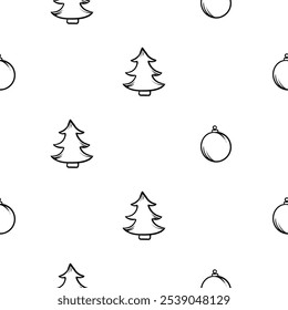 Simple vector black and white hand drawn New Year pattern with Christmas tree and red balls. Endless holiday background for wrapping paper, decoration, print, banner