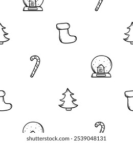 Simple vector black and white hand drawn New Year pattern with Christmas tree, Christmas boot, snow globe and candy cane. Endless holiday background for wrapping paper, decoration, print, banner