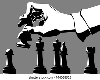 Simple vector black and white illustration hand of chess player with chessmen.