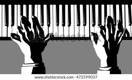 Simple vector black and white illustration of hands pianist playing the piano.