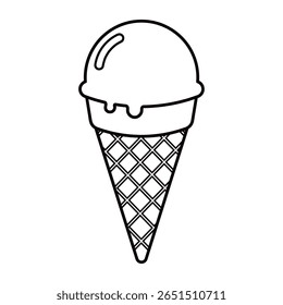 Simple vector black and white line art of an ice cream in a waffle cone. For summer, dessert, sweets, card, kids, coloring page, print, vacation and food-themed design projects. Hand drawn.