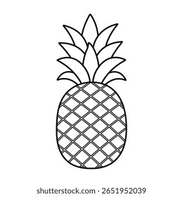 Simple vector black and white line art of a whole pineapple with spiky leaves. For tropical, fruit, summer, kids, print, coloring page, banner and food-related design projects. Hand drawn. Isolated.