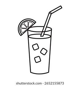 Simples vetor preto e branco arte de linha de um copo de limonada com uma fatia de palha e limão. Para verão, bebida, cartão, crianças, impressão, página de coloração, café, bar, banner e design de refresco. Mão desenhada.