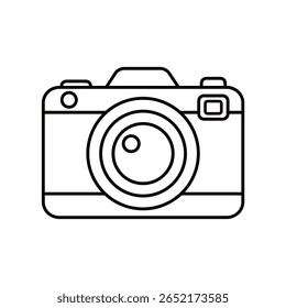 Vetor simples preto e branco arte de linha de uma câmera compacta com lentes e botões. Para viagens, fotografia, verão, cartão, crianças, impressão, colorir página e projetos de design de férias. Mão desenhada. Isolado.