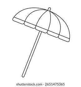 Simple vector black and white outline illustration of a beach umbrella. Fun beach, sea, tropical, summer-themed coloring activity for kids, for printable worksheets and crafts. Hand drawn. Line art.