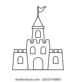 Simple vector black and white outline illustration of a sandcastle with small flag. Beach, sea, summer-themed coloring activity for kids, for printable  worksheets and crafts. Hand drawn. Line art.