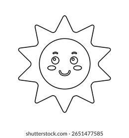 
Simple vector black and white outline illustration of a smiling sun with rays. Fun summer-themed coloring activity for kids, perfect for printable worksheets and crafts. Hand drawn. Line art.