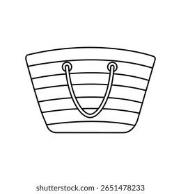 Simple vector black and white outline illustration of a beach bag with handles. Beach, summer-themed coloring page for kids, great for printable worksheets and crafts. Hand drawn. Line art.