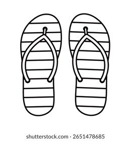 Simple vector black and white outline illustration of beach flip flops. Fun beach summer-themed coloring activity for kids, great for printable worksheets and crafts. Hand drawn. Line art.