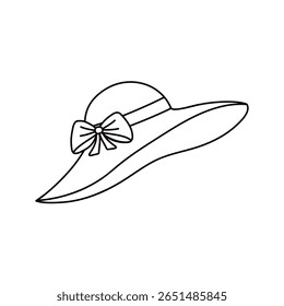 Simple vector black and white outline illustration of a wide-brimmed summer hat with a bow. Fun coloring page for kids, for beach, vacation, holiday, summer-themed printables. Hand drawn. Line art.