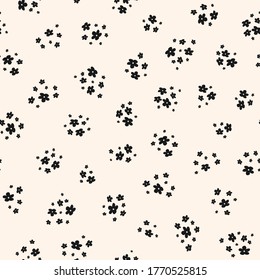 Simple vector black and white seamless pattern with small flowers. Elegant abstract floral background. Ditsy ornament. Minimal repeat design for decor, textile, fabric, wallpapers, tileable print, web