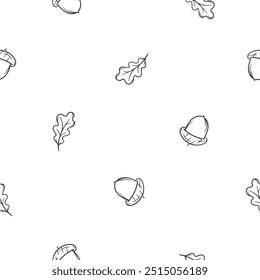 Padrão simples vetor preto e branco sem emenda com folhas de carvalho e bolotas. Fundo infinito para design, papel de embrulho, impressões