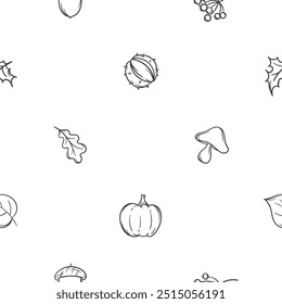 Simple vector black and white seamless pattern with chestnut, pumpkin, mushrooms, leaves. Illustration related to autumn, a walk in the forest, family vacation. Endless background for wrapping paper