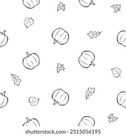 Simple vector black and white seamless pattern with pumpkin and falling leaves. Illustration related to autumn, thanksgiving, harvest festival. Endless background for design, wrapping paper, prints