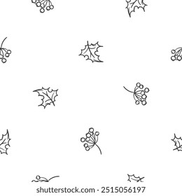 Padrão simples vetor preto e branco sem costura com folhas e bagas de viburno caindo. Ilustração relacionada ao outono, festival da colheita, ação de graças. Fundo infinito para design, papel de embrulho