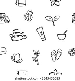 Simple vector black and white seamless pattern with body care items, spa salon, beauty salon symbols. Hand drawn background for wrapping paper, decoration, print