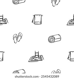 Simple vector black and white seamless pattern with swimming pool, towel, flip flops, design for beauty salon. Hand drawn background for wrapping paper, decoration, print