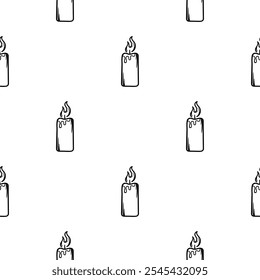 Simple vector black and white seamless pattern with burning candle. Hand drawn background for wrapping paper, decoration, print