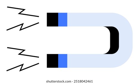 Simple vector of a blue and black horseshoe magnet with three lightning symbols indicating attraction or magnetic force. Ideal for physics, education, science, magnetism, and technology.