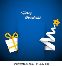 Simple vector blue christmas card with gift and tree made from paper stripe