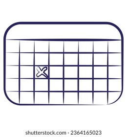 Simple vector blue outline calendar icon with date marked with a cross. Sketch hand-drawn with a brush, isolated on a transparent background