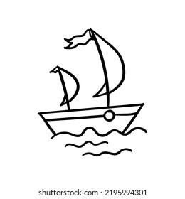 Einfache Vektorgrafik eines Schiffes für Aufkleber oder Design-Artikel. Cute einfache Vektorgrafik für Kinder, süße, handgezeichnete Vektorgrafik auf weißem Hintergrund, süße handgezeichnete Doodle, Farbseite für Kinder.