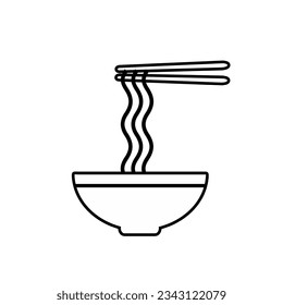 Simple vector bowl of noodles with chopsticks line icon.
