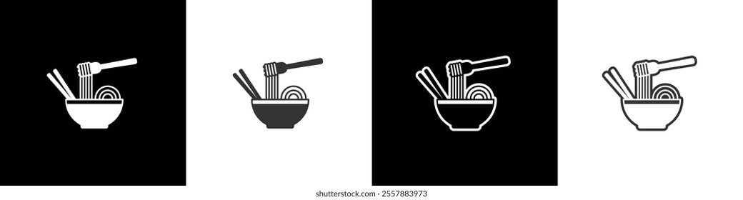 Simple vector bowl of noodles icon. Instant noodle vector graphic. Collection of flat and linear style noodle symbols on black, white and transparent backgrounds.