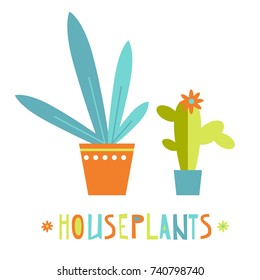Simple vector bright flat houseplants. Succulent and leaves. Green friends. Minimalistic graphic sign.