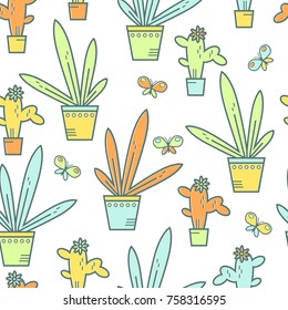 Simple vector bright flat linear houseplants. Succulent and leaves. Green friends. Minimalistic graphic sign. Line art. Seamless bright pattern