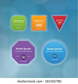 Simple vector buttons with abstract blurred background. Natural, beveled buttons with space for your content. Basic shapes in solid colors for your presentation.