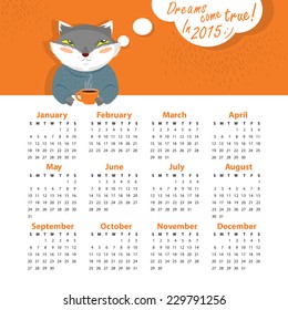 Simple vector calendar 2015 with a cat and a cup of tea 