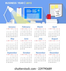 Simple vector calendar 2015 with a picture of working place in flat design