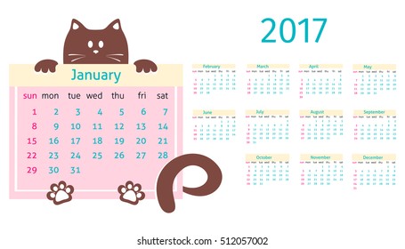 Simple vector calendar for 2017 year. Week starts Sunday. Calendar template with cartoon cat