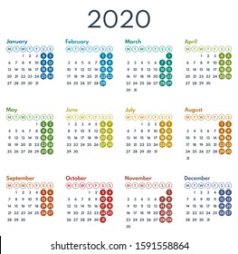 simple vector calendar 2020, starts monday, two weekend, white background