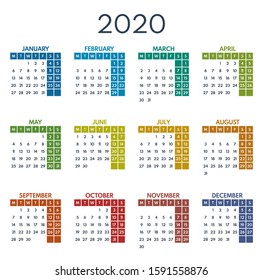 simple vector calendar 2020, starts monday, two weekend, white background