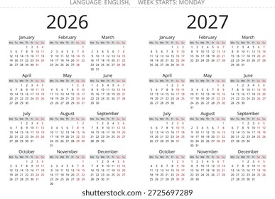 Simple vector calendar for 2026 and 2027 starting from monday