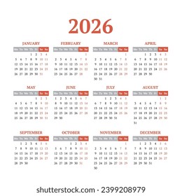 Calendario vectorial simple en 2026. Comenzar desde el lunes