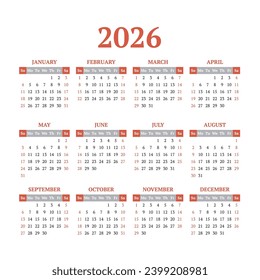 Simple vector calendar on 2026. Start from Sunday