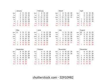 Simple vector calendar for year 2010, english names, vertical weeks starting from Monday. Usable for calendar cards, wall calendars, diaries, notebooks, etc.