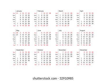 Simple vector calendar for year 2010, english names, vertical weeks starting from Sunday. Usable for calendar cards, wall calendars, diaries, notebooks, etc.