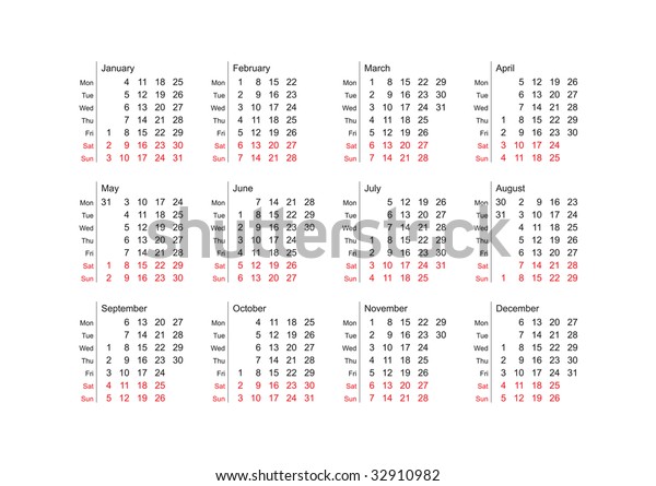 Simple Vector Calendar Year 2010 English Stock Vector (Royalty Free ...