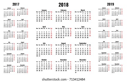 simple vector calendars for 2018 and 2017 2019 years, monday first, red sunday