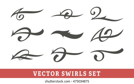 Simple vector calligraphic swirls collection. Black dynamic tattoo style twirls isolated on white. Cool page decoration or graffiti elements.