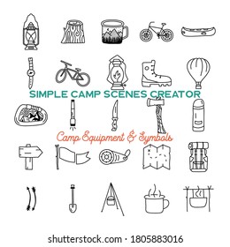 Simple vector camping icons shapes set. Logo creation kit. Outdoor adventure line art elements bundle. Silhouette linear concept. Stock vector collection
